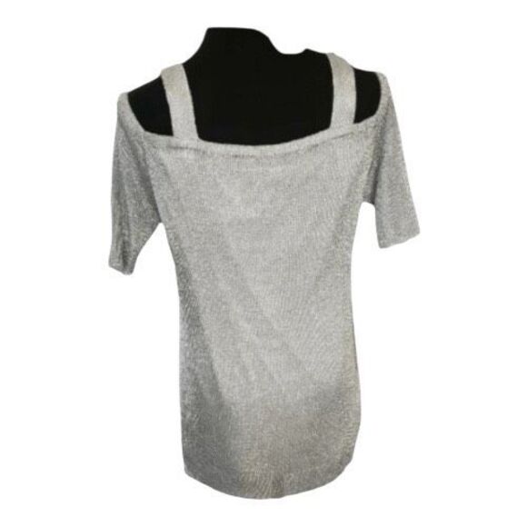 Chico's Grey Metallic Knit 3/4 Sleeve Cold Shoulder Tunic Size 2(L) Pullover - Picture 4 of 13